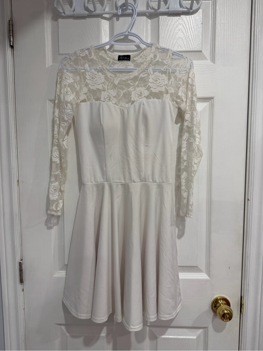 Lace Yoke Long Sleeve Fit & Flare Dress - White